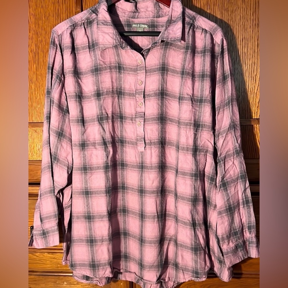 Falls Creek Button Down Relaxed Fit Pullover V-neck Plaid Tunic Casual Henley